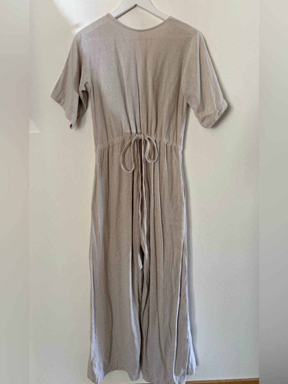 Esby Linen Jumpsuit Beige Tie Front Waist Open Back Surplice Size S